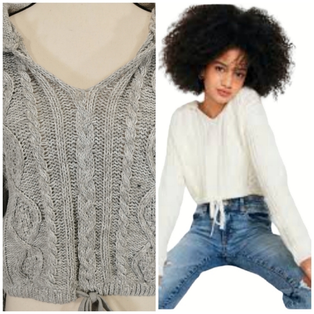 NWT Aeropostale Hooded Cable-Knit Cropped Sweater in Grey - Sz M Open To Offers